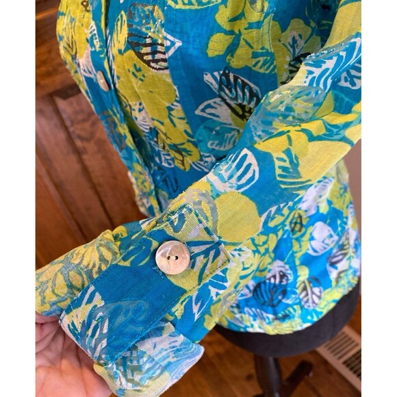 Ruby Rd. Button Down Blouse Sz 14 Turquoise Blue Lime Green Tropical Top Sheer - Picture 3 of 11